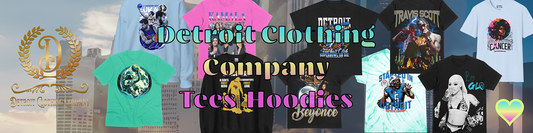 Vibrant collection of T-shirts and hoodies from Started In Detroit Clothing Company showcasing city-inspired designs.