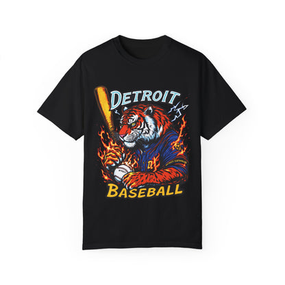 Detroit Baseball Tiger HIT DIFFERENT Unisex Garment-Dyed T-Shirt - Tiger Design - Started In Detroit Clothing Co.