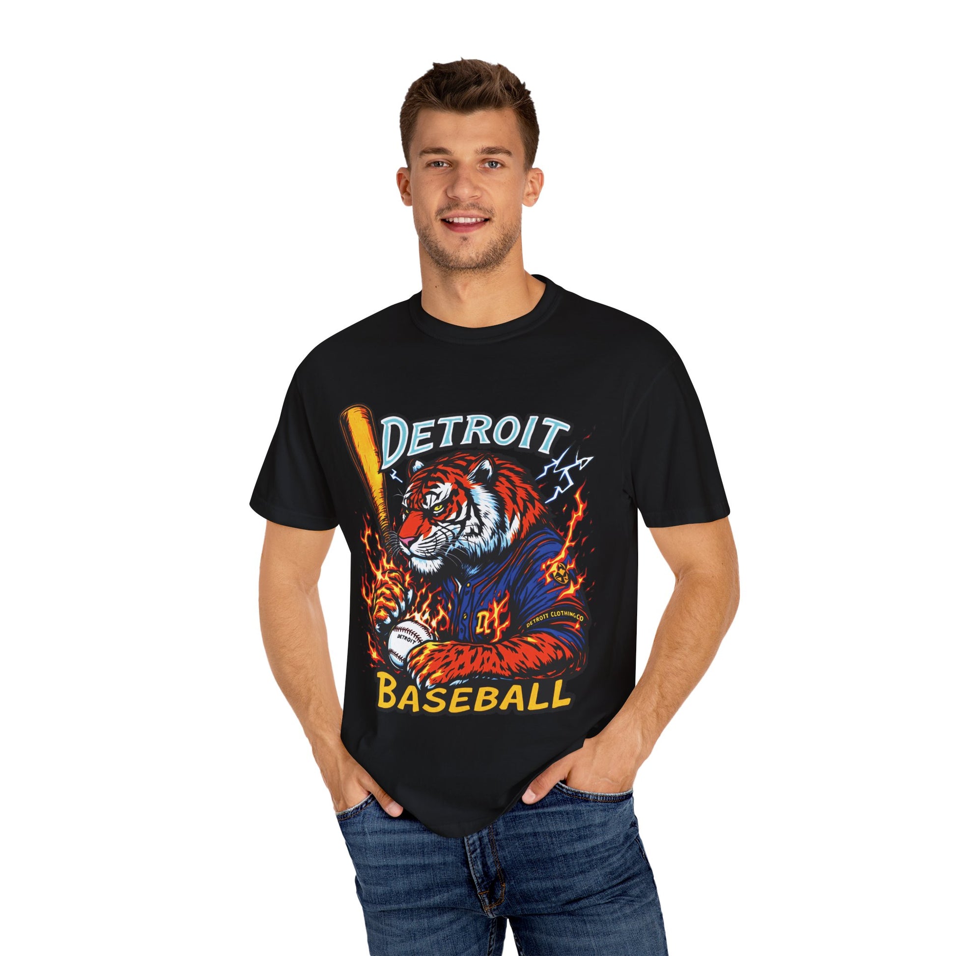Detroit Baseball Tiger HIT DIFFERENT Unisex Garment-Dyed T-Shirt - Tiger Design - Started In Detroit Clothing Co.