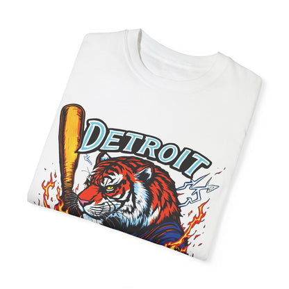 Detroit Baseball Tiger HIT DIFFERENT Unisex Garment-Dyed T-Shirt - Tiger Design - Started In Detroit Clothing Co.