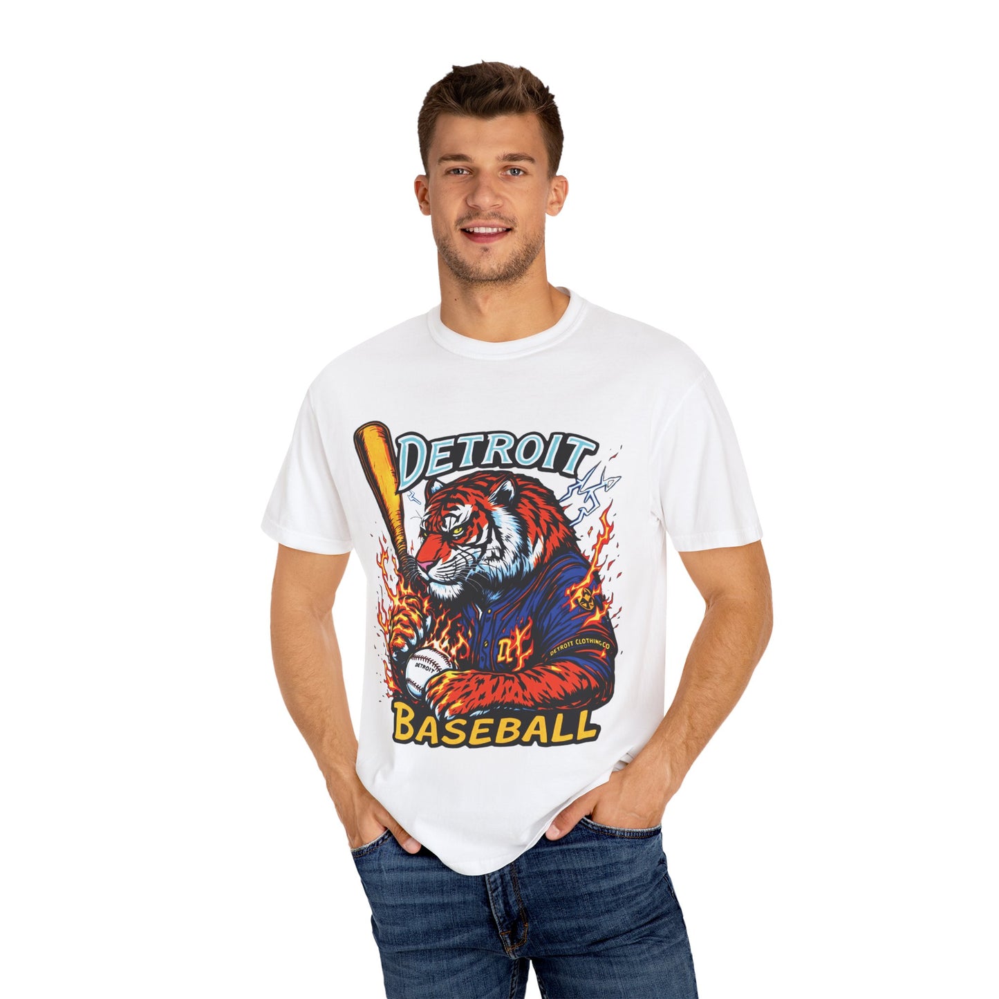 Detroit Baseball Tiger HIT DIFFERENT Unisex Garment-Dyed T-Shirt - Tiger Design - Started In Detroit Clothing Co.